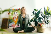 Detail of a calm yoga workspace with natural elements
